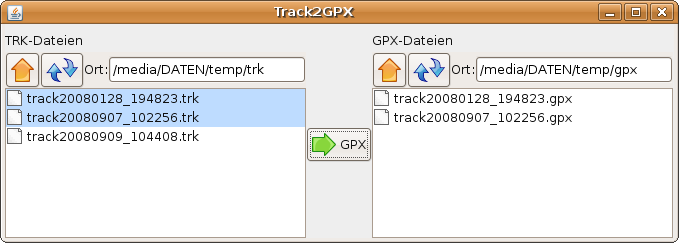 Grafische Bedienoberfläche von Track2GPX